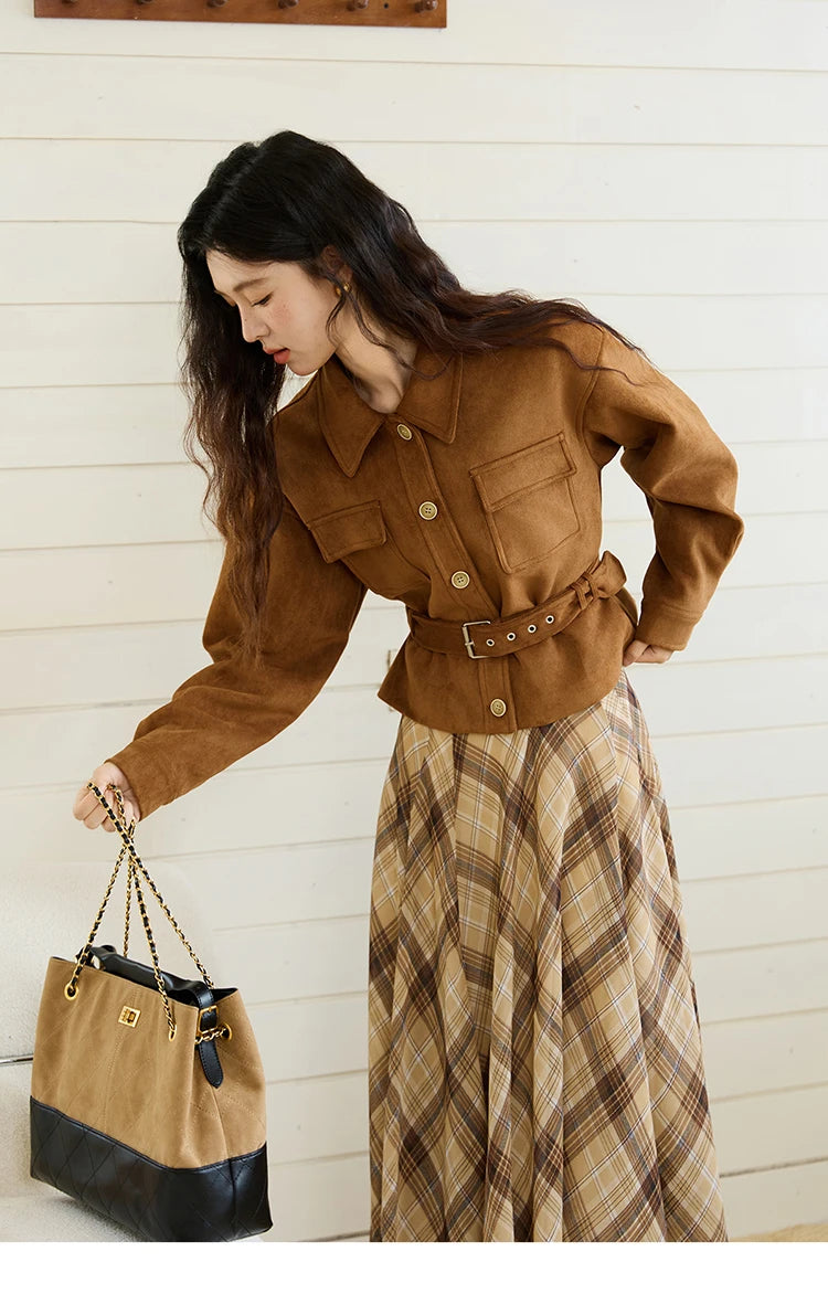 MISHOW Brown Lapel Jacket Metal Button Decorated Windproof MXE46W0864