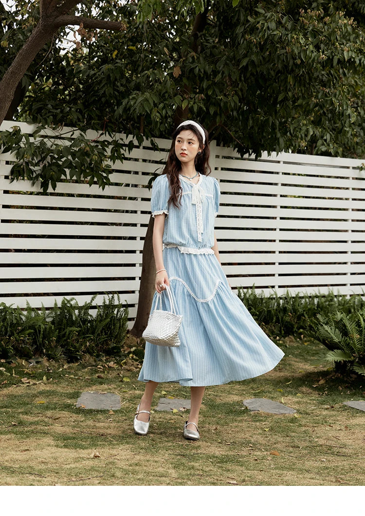 Mishow Blue Stripe V-Neck Top & A-Line Skirt Set MXE31T0531