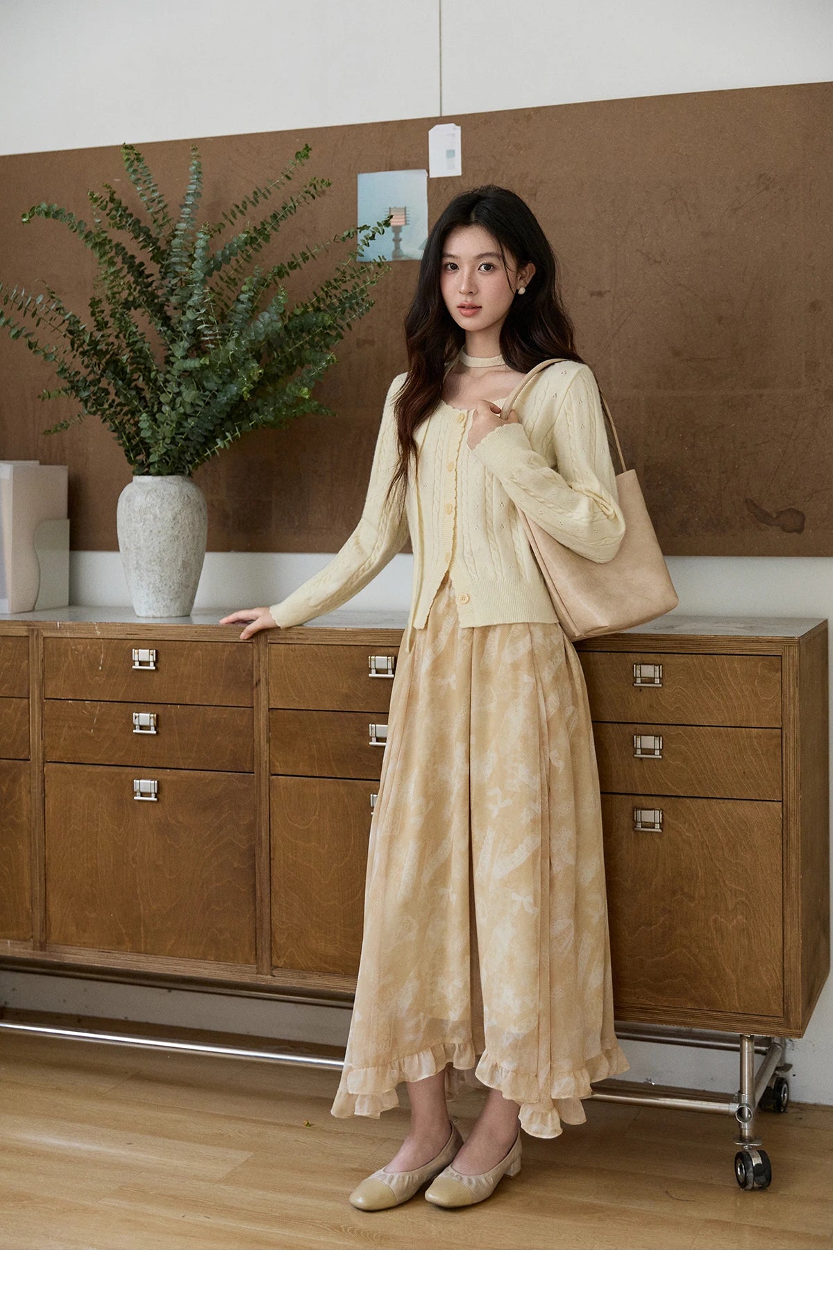 Mishow Beige Cable Knit Square Neck Cardigan MXF11Z2903
