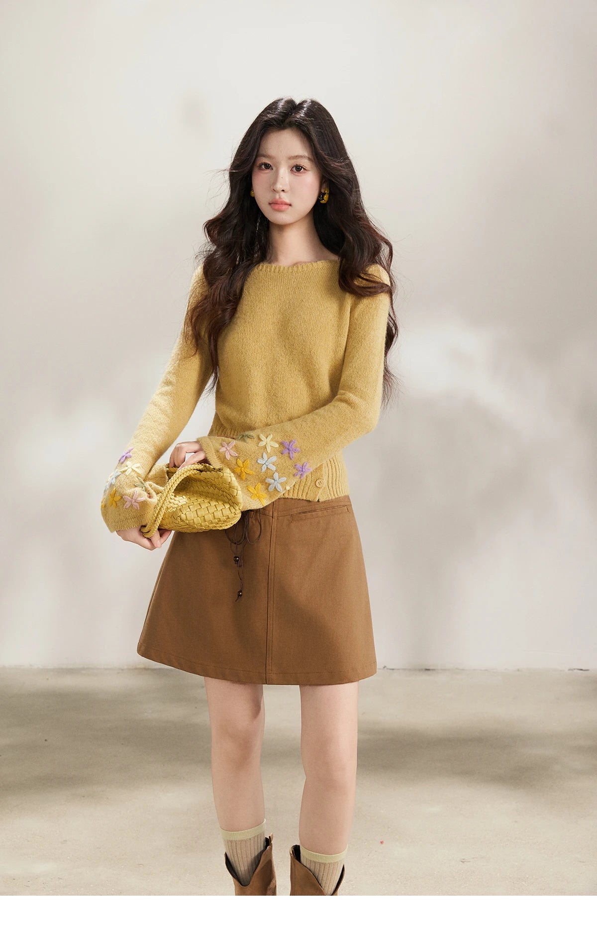 Mishow Yellow Floral Embroidered Boat Neck Flare Sleeve Top MXE94Z2864