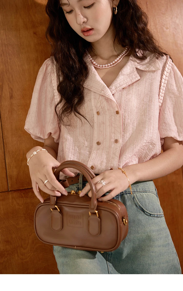 MISHOW Retro Pink Short Sleeve Shirt Ruffled Edge MXD29C0273