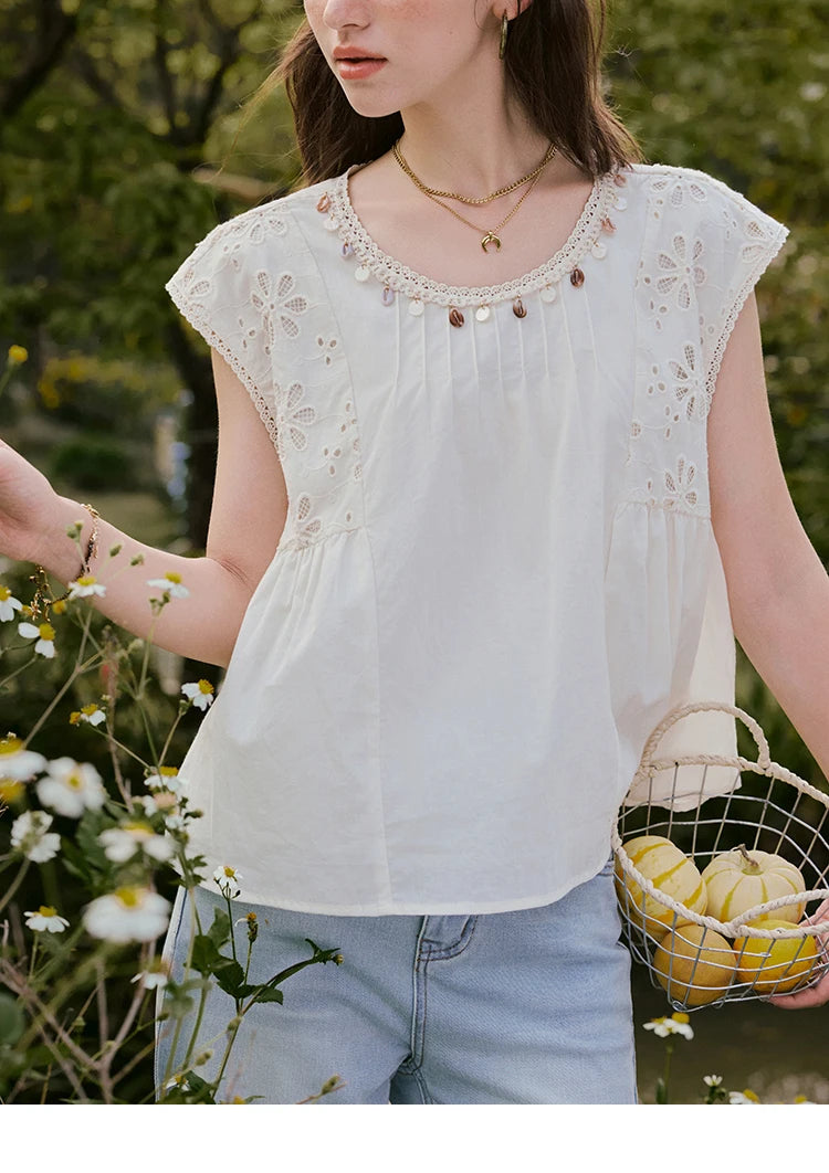MISHOW Solid Short Flying Sleeve Blouse Round Neck Hollow Lace MXE33X1778
