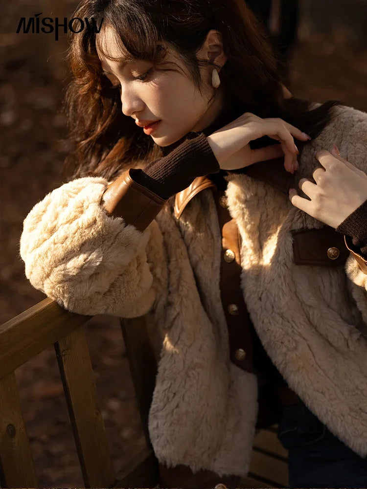 Mishow Lamb Wool Leather Trim Coat MXB43W0490