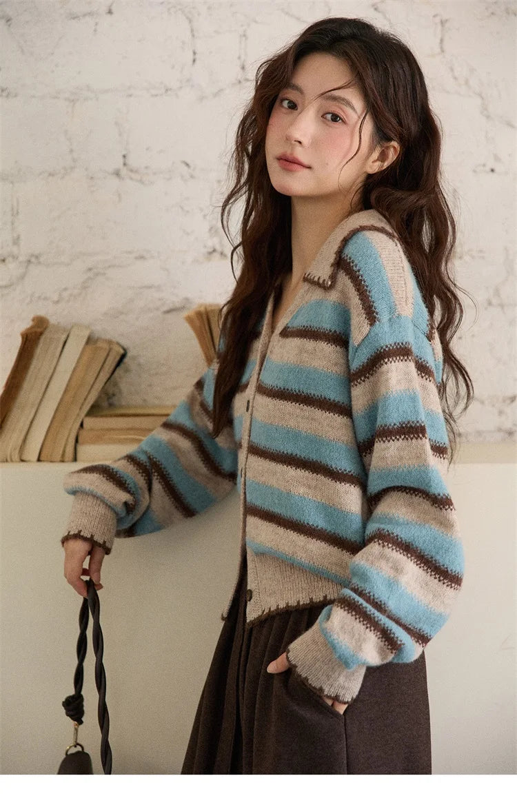 Mishow Retro Striped V-Neck Wool Cardigan MXE87Z2681