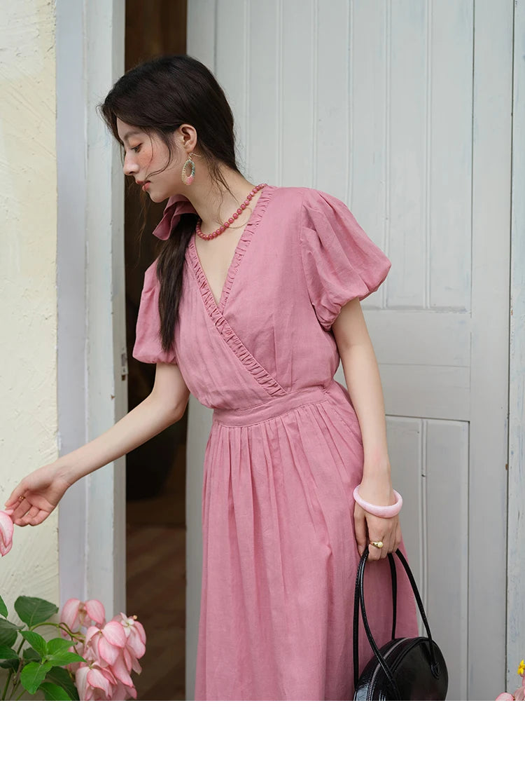 Mishow V-Neck Puff Sleeve Pocket Sash Dress MXE39L2381