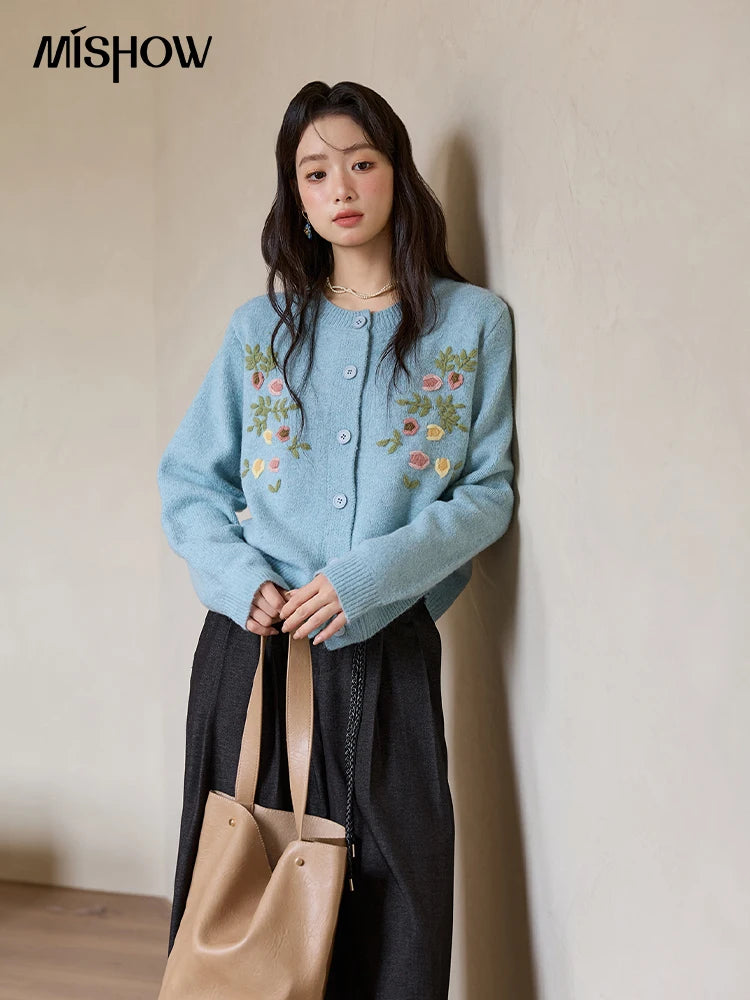 Mishow Blue Floral Embroidered Wool Cardigan MXE51Z2695