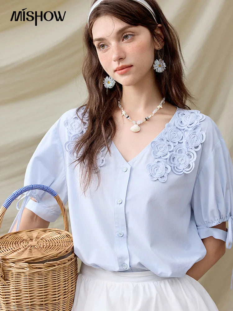 MISHOW Solid V-Neck Blouse Embroidered Loose Short Sleeve MXE31X1774