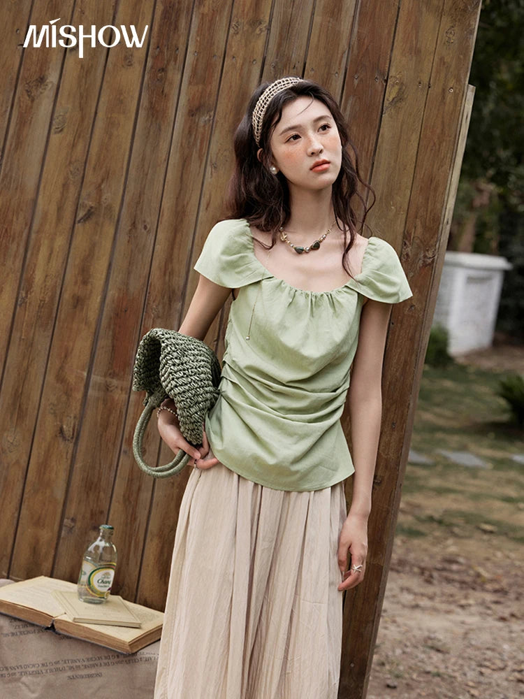 MISHOW Short Flying Sleeve Blouse Square Collar Slimming MXE34X1804