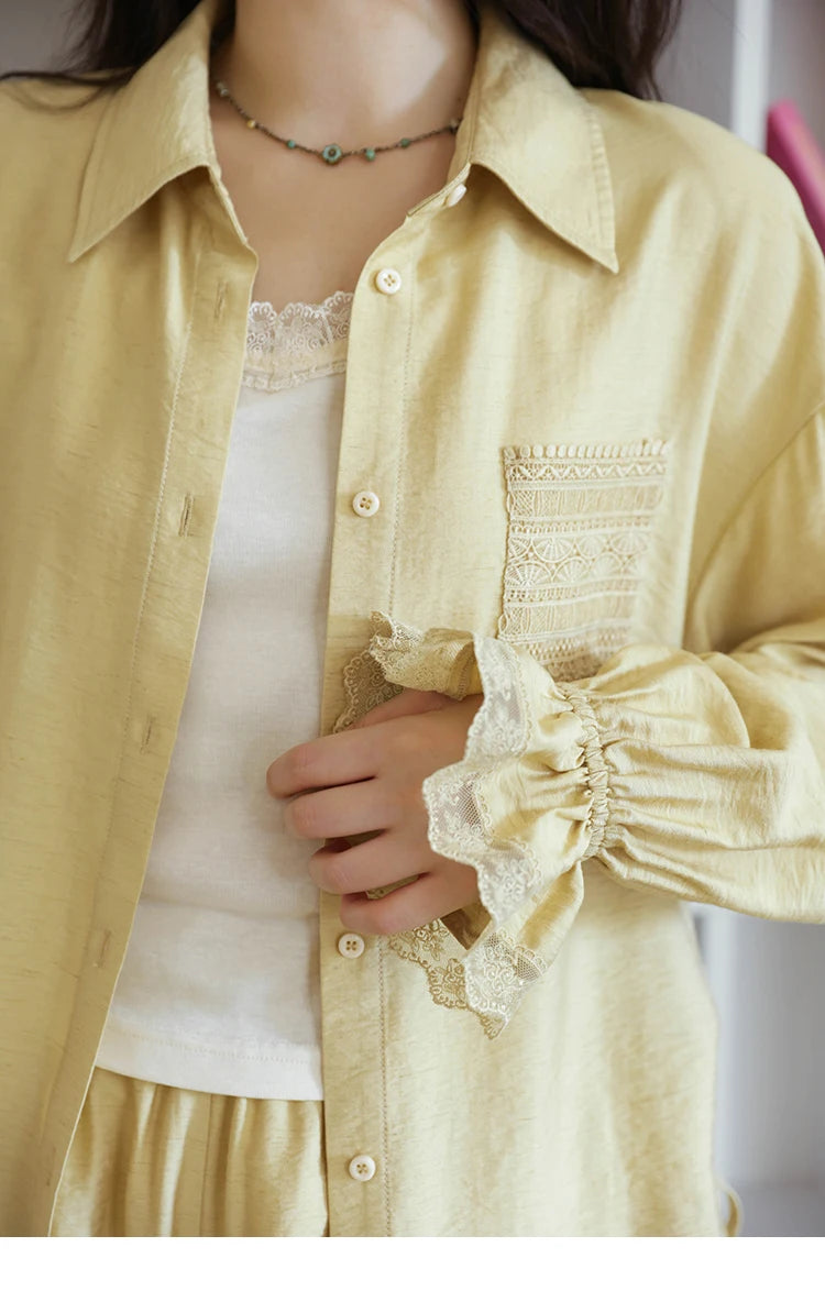Mishow Yellow Linen Lace Shirt & Camisole & Shorts Three-Piece Set MXE42T0718