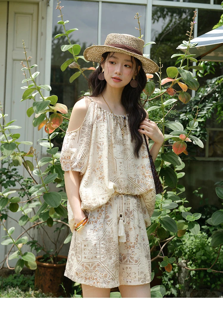 Mishow Bohemian Print Top & Beaded Tassel Drawstring Shorts Set MXE39T0723