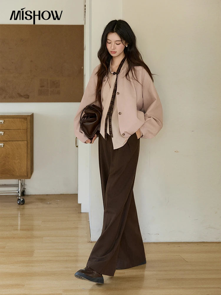 MISHOW Dusty Pink Shirt Plaid Tie Neck Lantern Sleeve MXF108C0817