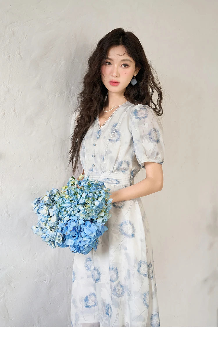 Mishow Taraxacum Print V-Neck Puff Sleeve Dress MXC39L1555