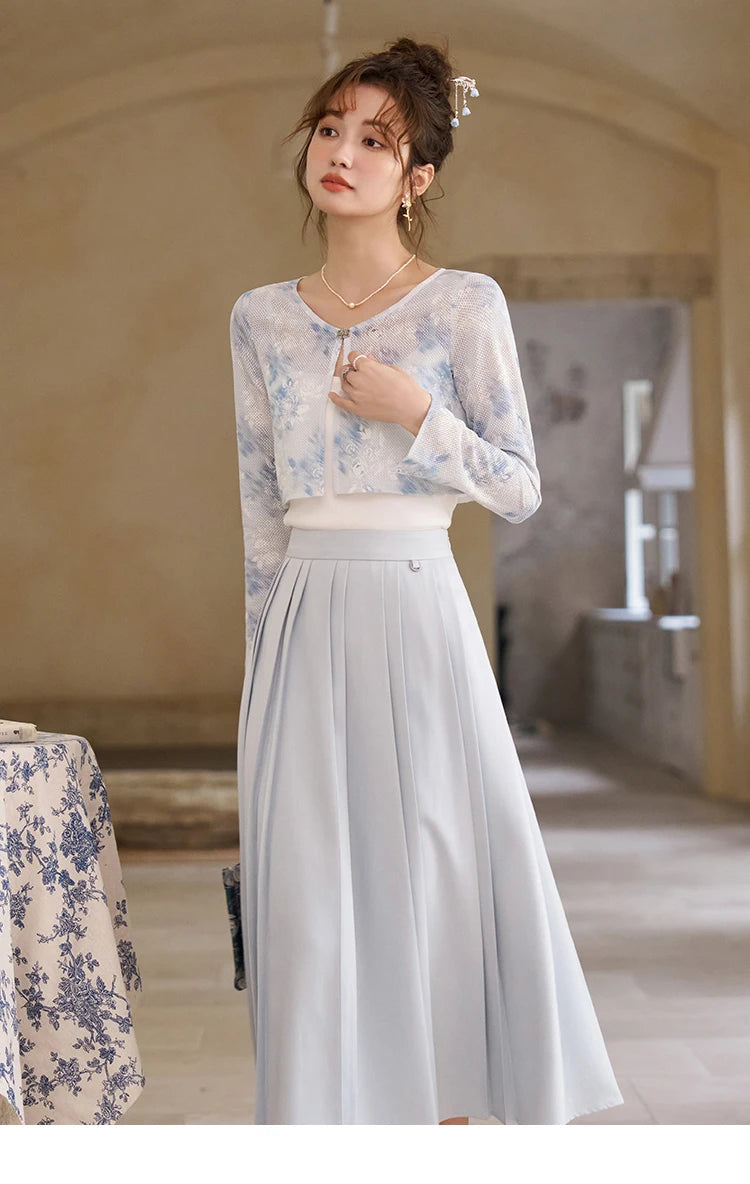 Mishow Elegant Hollow Cardigan & Camisole & Pleated Skirt Set MXD12W0342