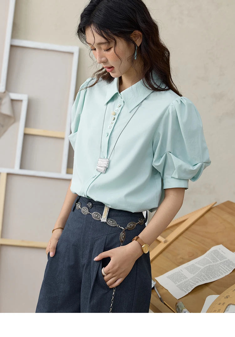 MISHOW Light Green Bubble Sleeve Shirt Lapel Collar Irregular Buttons MXE34C0788