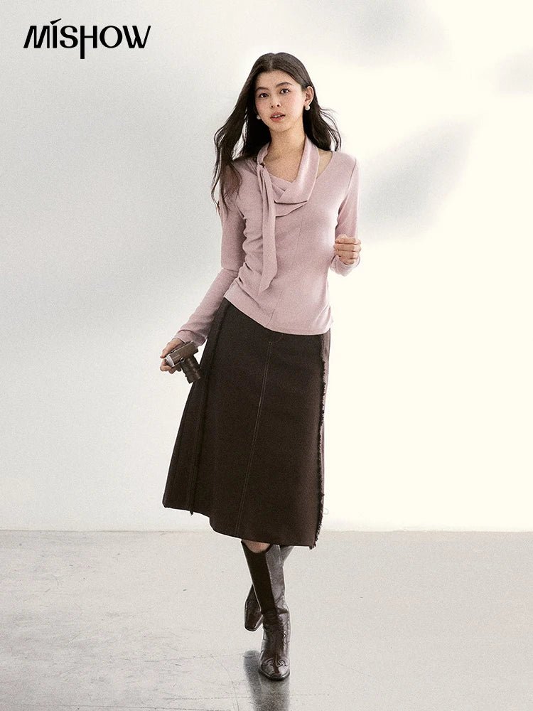Mishow Pink Scarf Neck Color Collision Bead Top MXF108Z1025