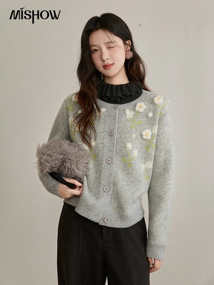 Mishow Gray Flower Embroidery Round Collar Cardigan MXE91Z2836