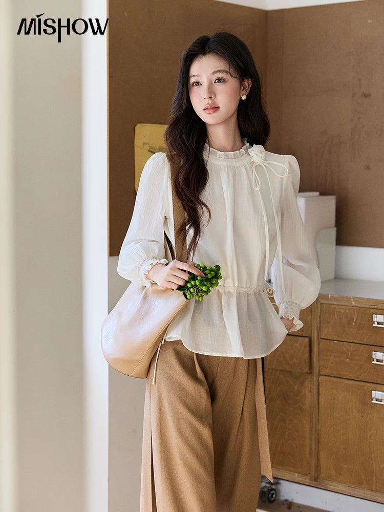 MISHOW Ruffled Stand Collar Blouse Drawstring Waist Puff Sleeve MXF11C2428