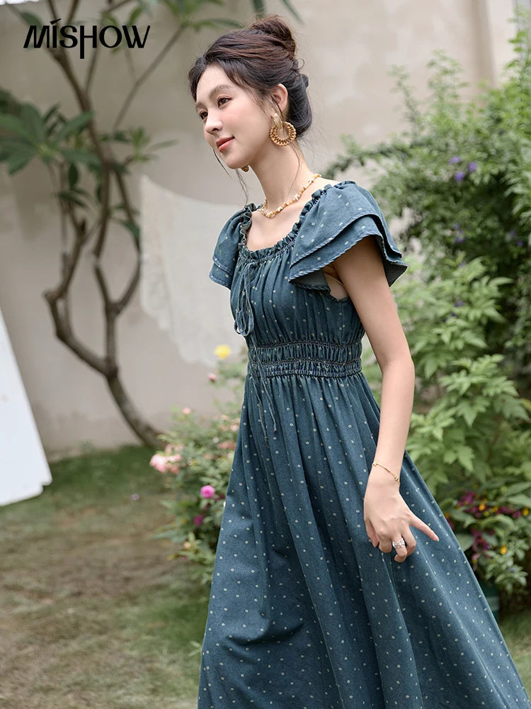 Mishow Polka Dot Flying Sleeve Lace-Up Denim Dress MXD30L2022