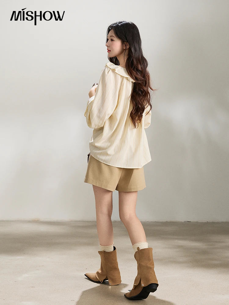 Mishow Khaki High Waist Pleated Wide Leg Shorts MXF13K1202