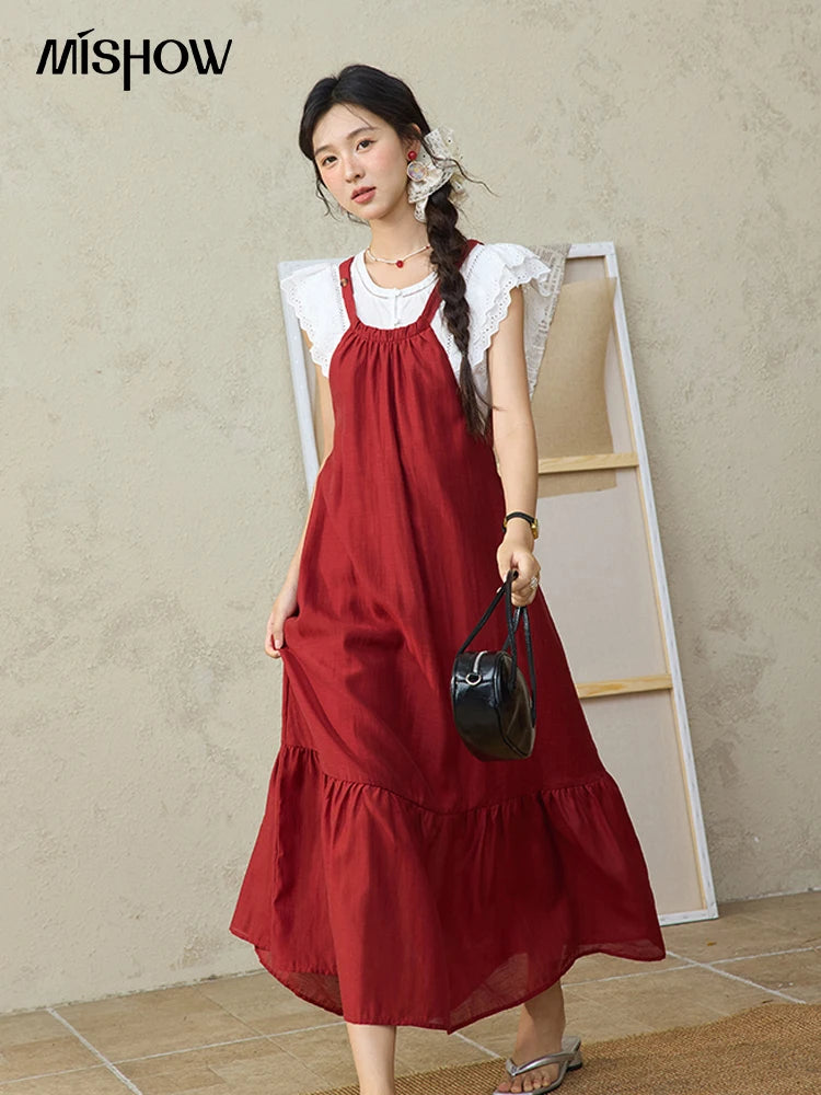 Mishow Red Linen Hanging Neck Strap Midi Dress MXE36L2309