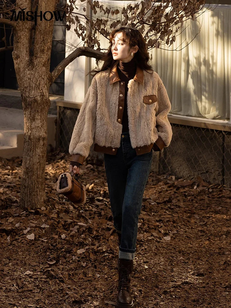 Mishow Lamb Wool Leather Trim Coat MXB43W0490