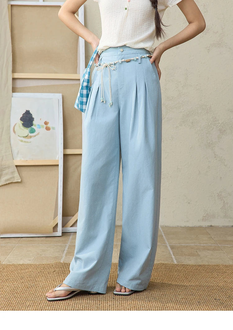 MISHOW Sea Salt Blue Wide Leg Pants Contrasting Bead Belt MXE35K0931
