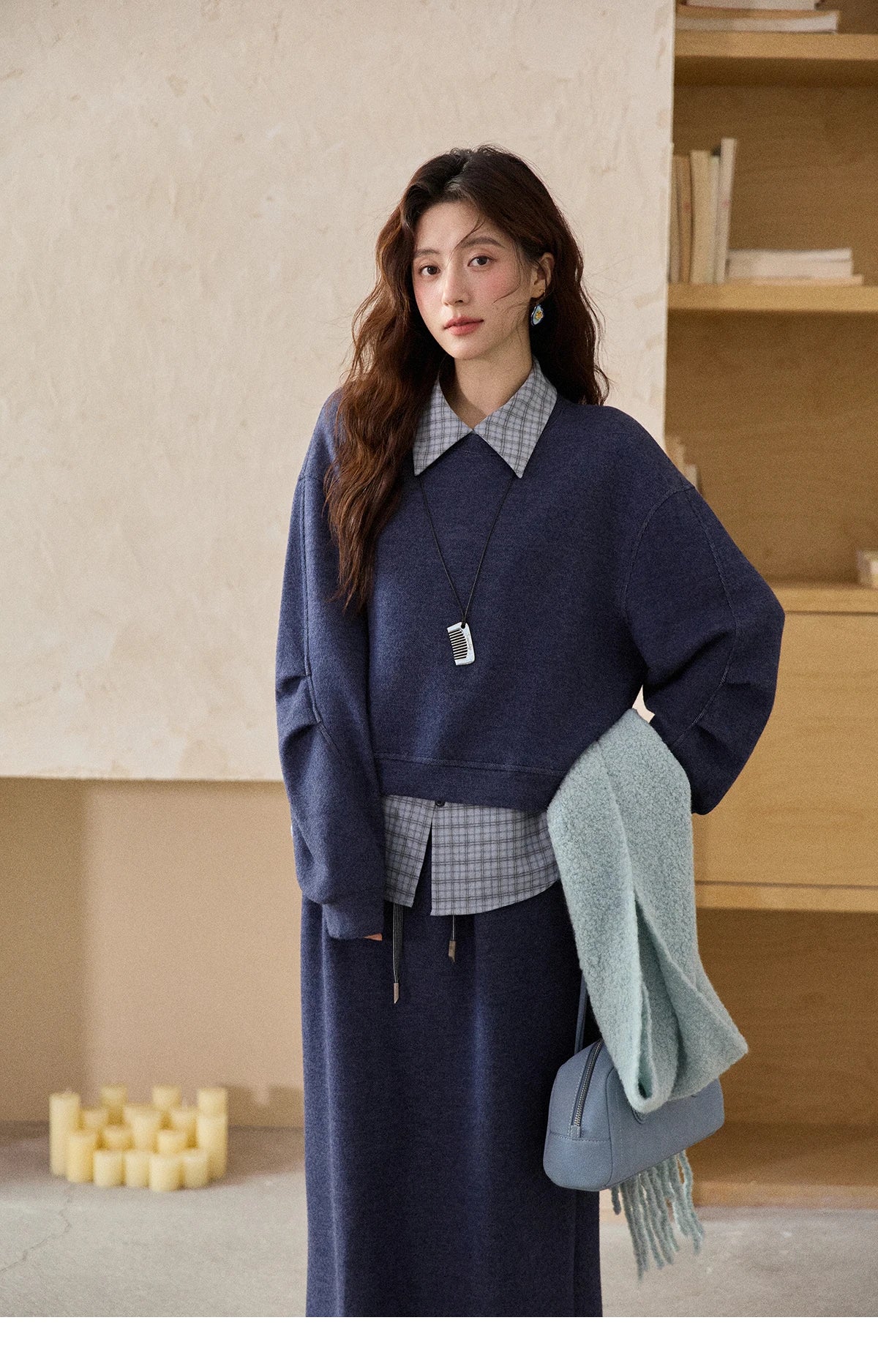 Mishow Blue Plaid Knit Top & Straight Skirt Set MXE87T1445