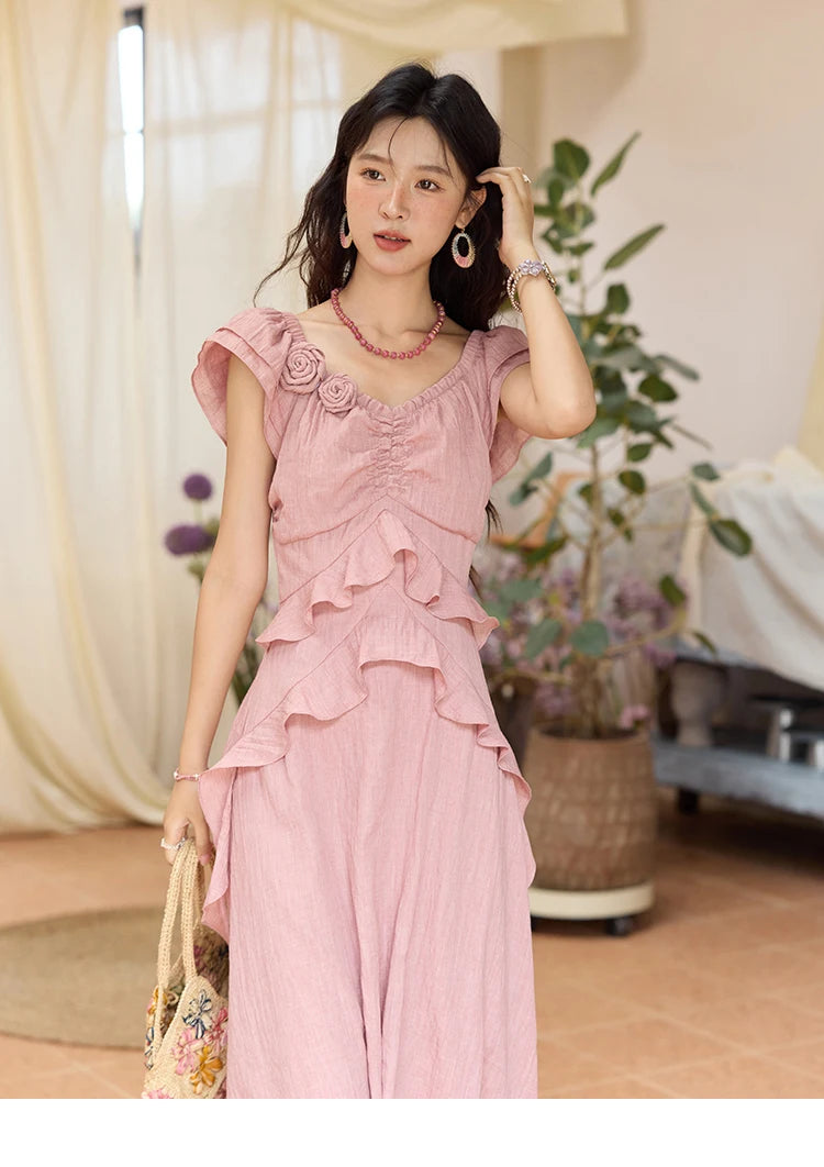 Mishow Flower Flying Sleeve V-Neck Pink Dress MXE34L2243