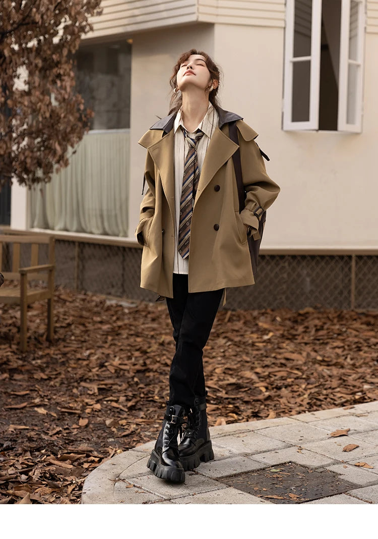 Mishow Polo Collar Patchwork Long Trench Coat MXB33W0399