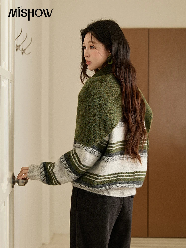 Mishow Wool Blend Retro Striped Sweater with Scarf MXE94Z2987
