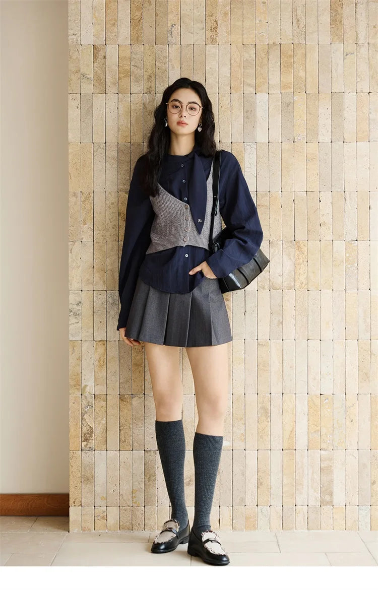 MISHOW Navy Ribbon Layered Shirt Knit Camisole Two-Piece Set MXE47T1412