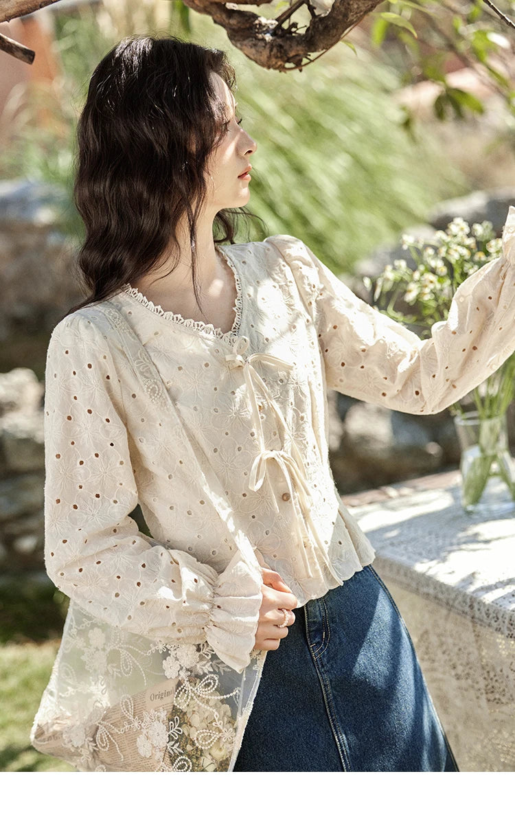 MISHOW Women's 100% Cotton Lace Shirt V-Neck Waist Elastic Cuffs MXE12X1710