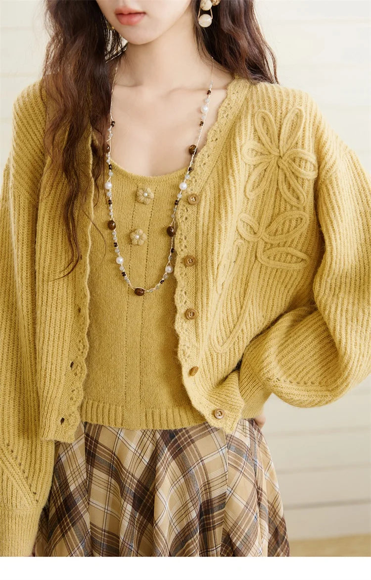 Mishow Yellow V-Neck Cardigan & Slim Camisole Set MXE45T0742