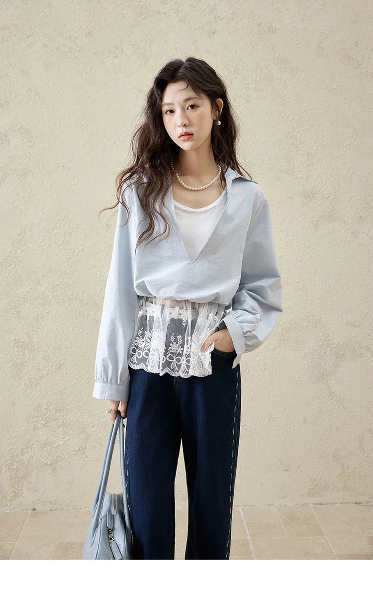 MISHOW French Fake Two-Piece Blouse Turn-Down Collar Lace Splicing MXE16C0783