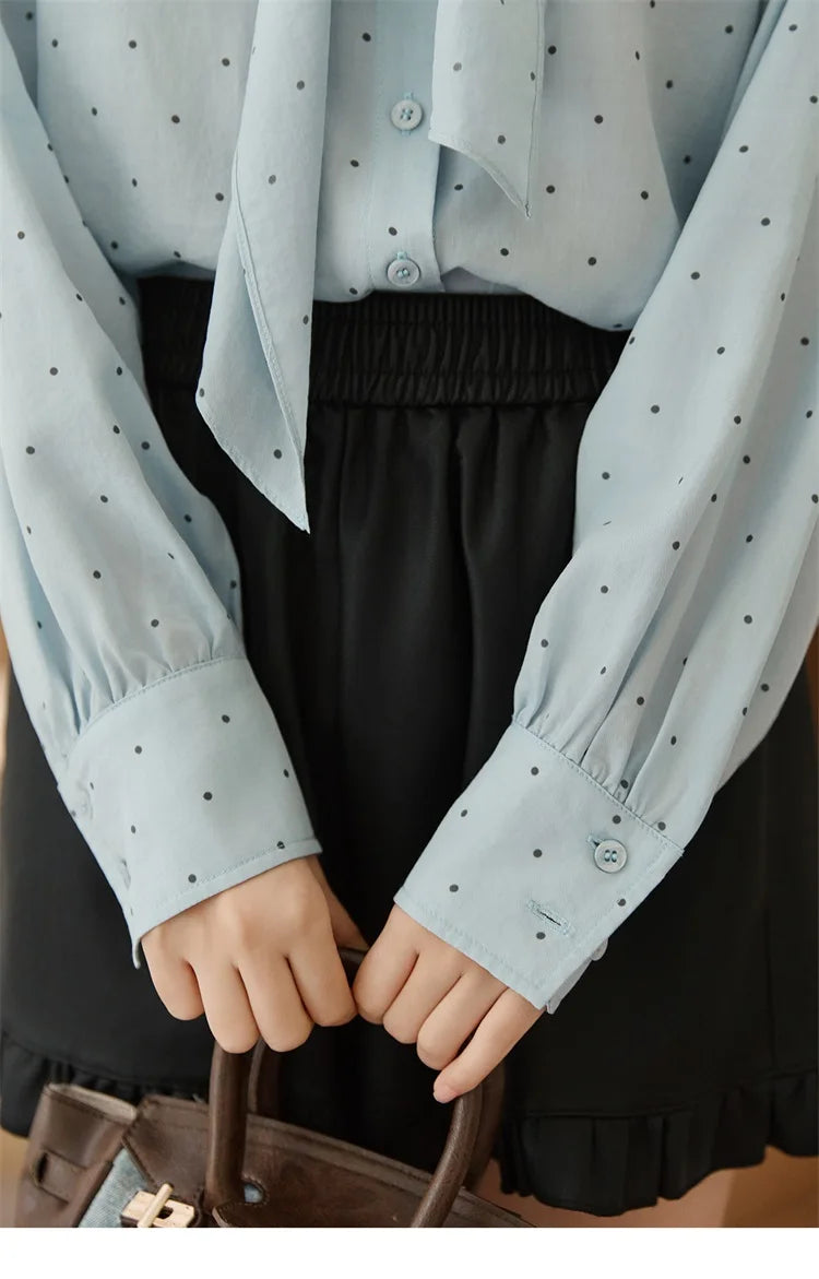 MISHOW Blue Polka Dot Shirt Bow Collar Long Sleeve MXE45X2475