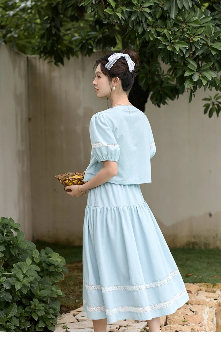 MISHOW Blue Lace Patchwork Top Elastic Waist Skirt Set MPD22B0450