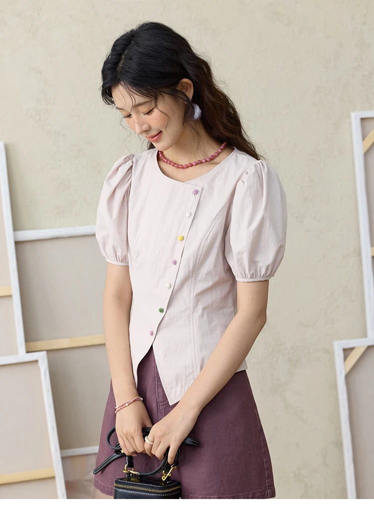 MISHOW Bubble Sleeve Blouse Irregular Placket Rainbow Buttons MXE34X1782