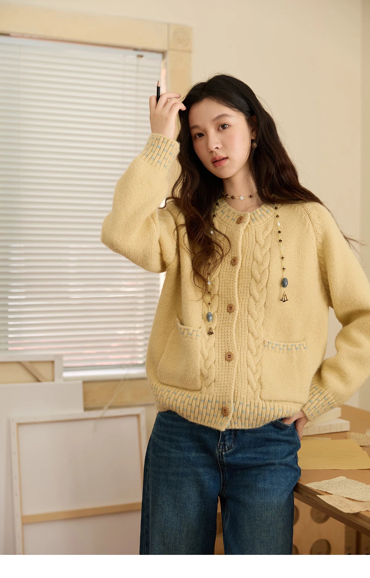 Mishow Yellow Cable Knit Hand-Drawstring Cardigan MXE47Z2566