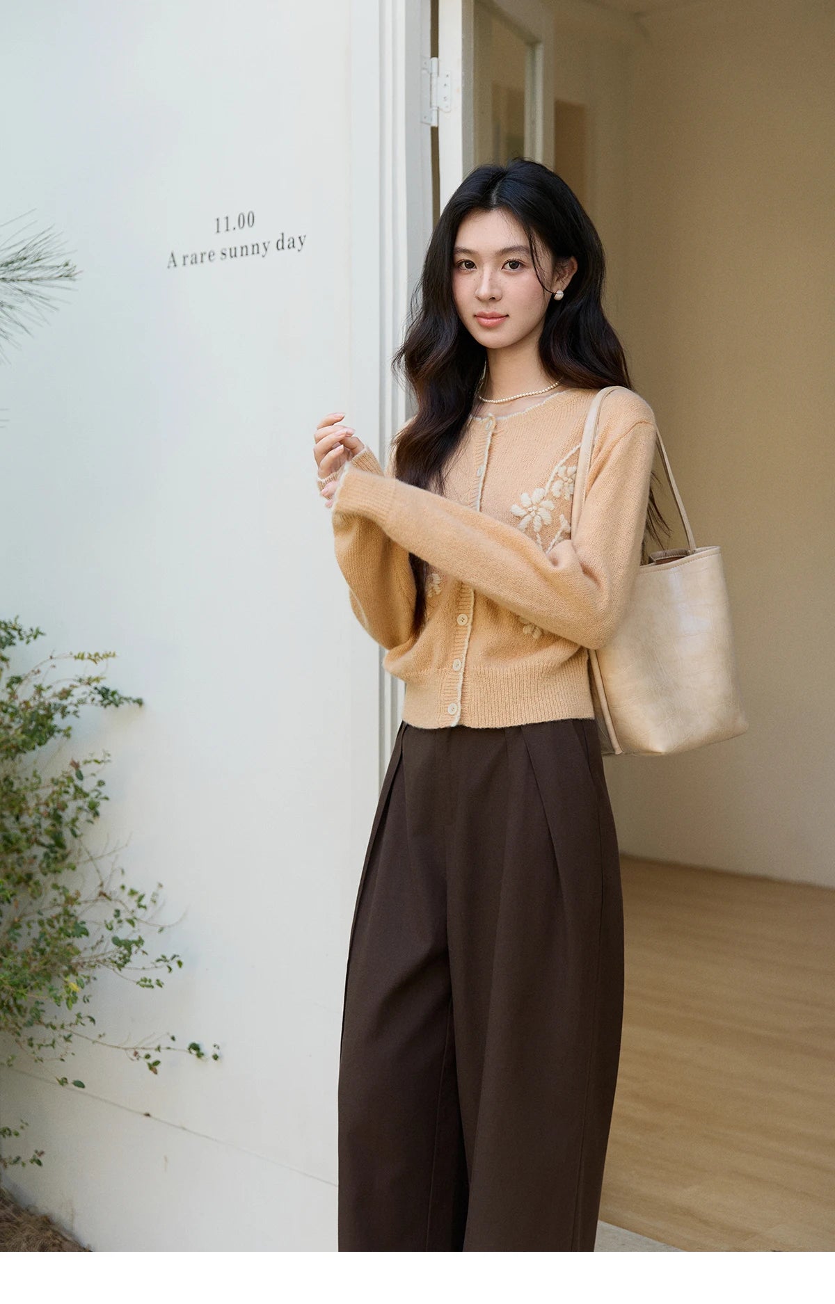 Mishow Camel Floral Embroidery Crew Neck Cardigan MXF11Z2896