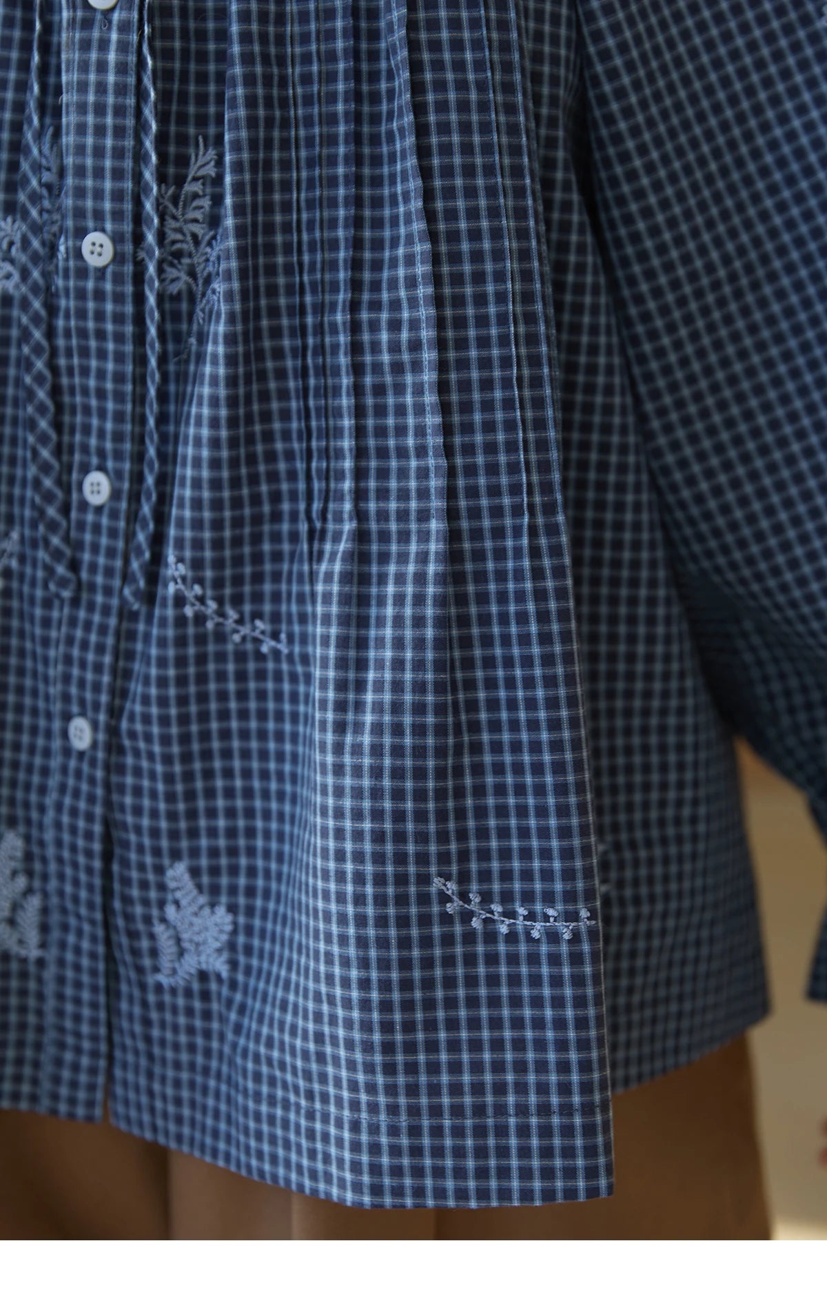MISHOW Blue Plaid Embroidered Shirt Black Fungus Edge Collar MXE44X2467