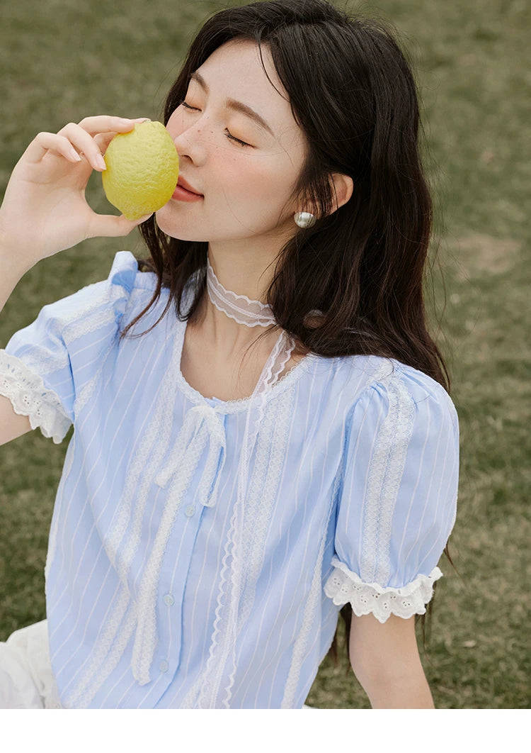MISHOW Striped Blouse Short Puff Sleeve Lace Patchwork MXE32X1759