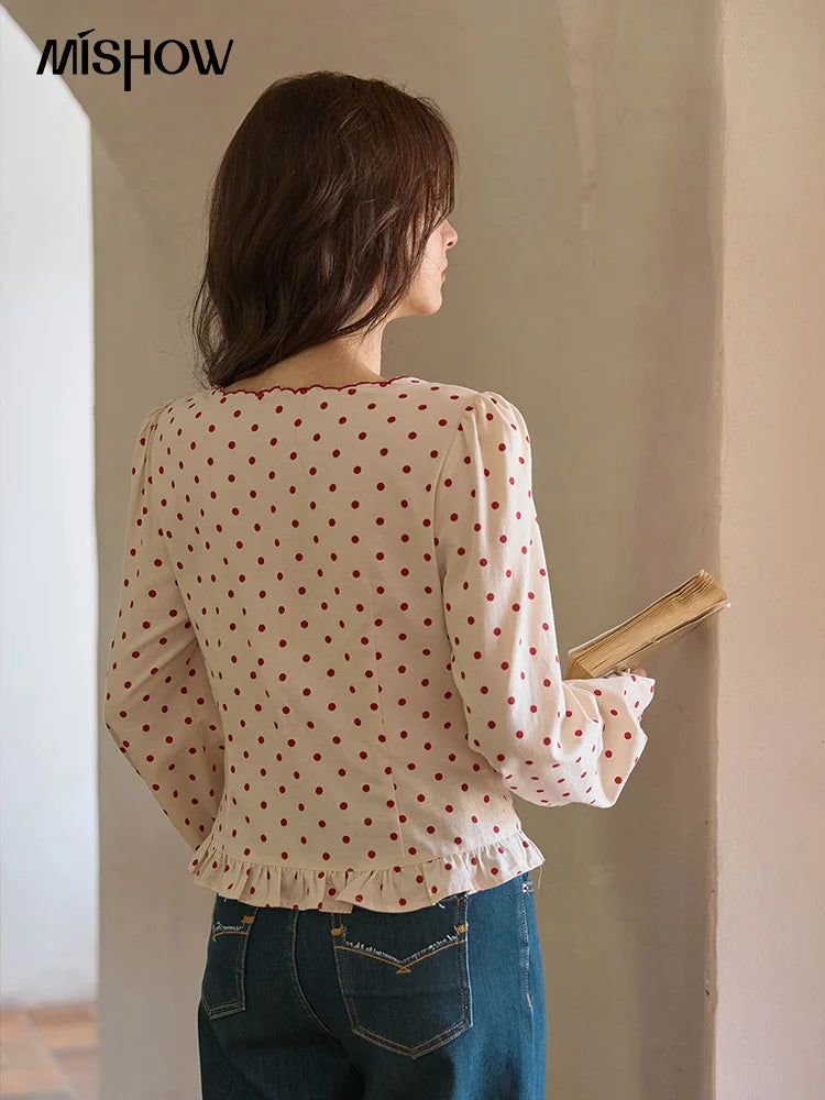 MISHOW Apricot Red Polka Dot Shirt V-Neck Lace Up Ruffled MXE42X1971