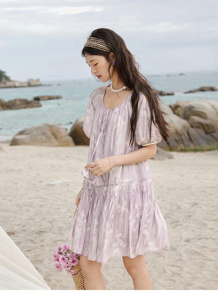 Mishow Print U-Neck Lace Hollow Chiffon Dress MXE32L2164