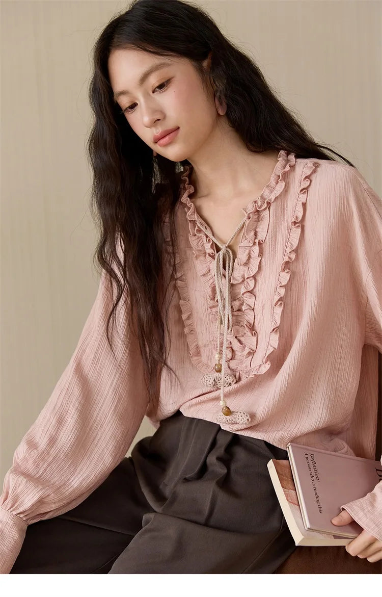 MISHOW Pink Blouse V-Neck Bubble Sleeve Fold Edge MXE45X2485