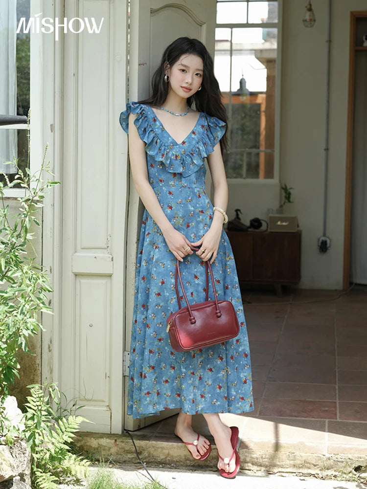 MISHOW Floral V-Neck Lace-Up Flying Sleeve Dress MXE39L2436
