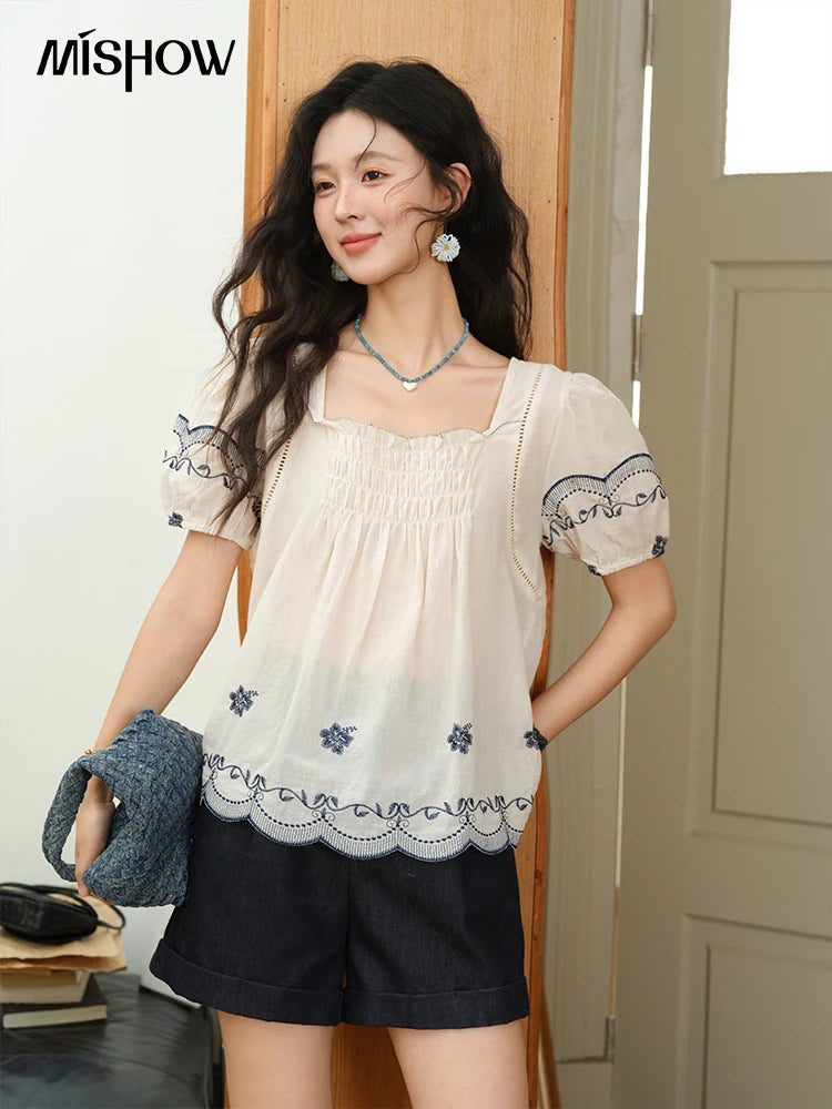MISHOW Square Neck Puff Sleeve Blouse Flower Embroidery Hollow MXE39X1953