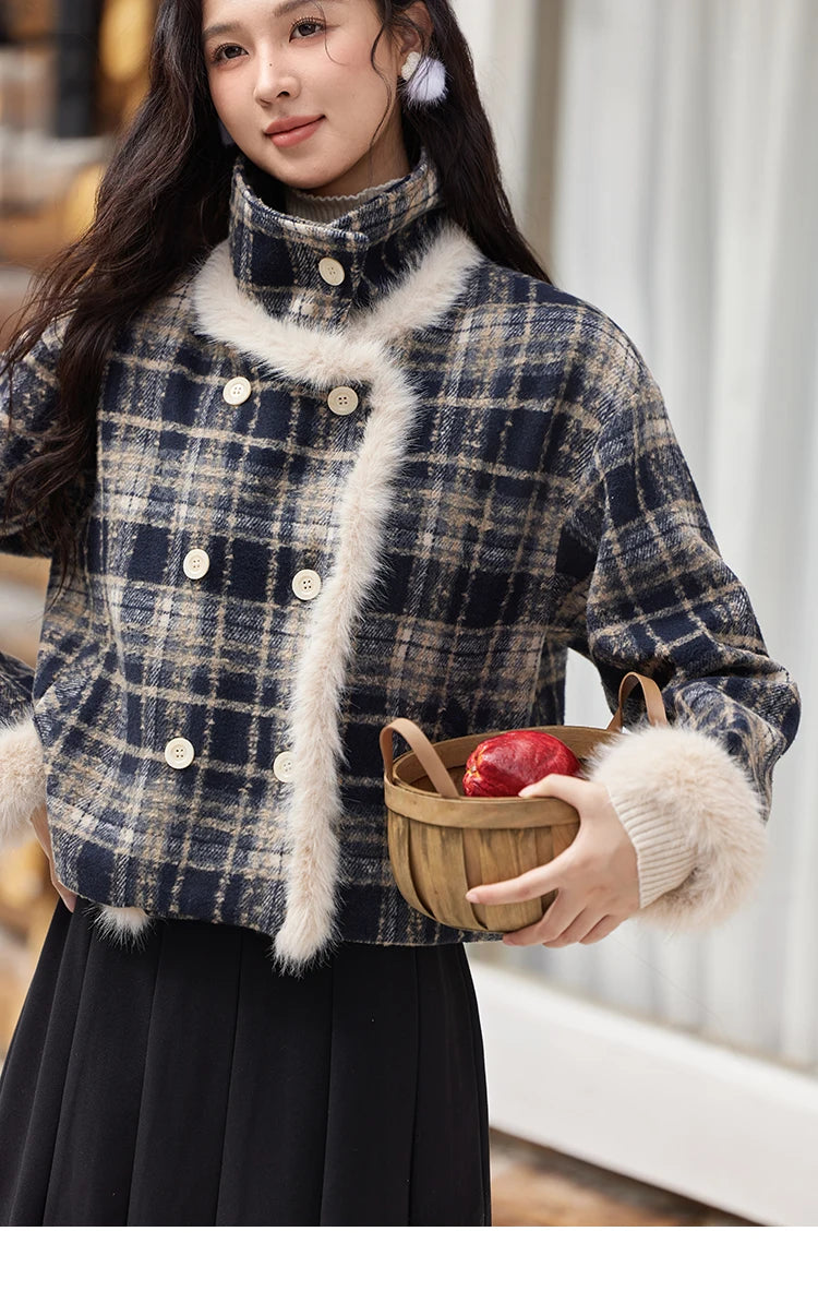 Mishow Vintage Plaid Fur Collar Stand Collar Jacket MXD36W0503