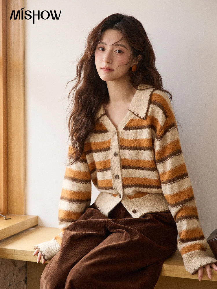 Mishow Retro Striped V-Neck Wool Cardigan MXE87Z2681