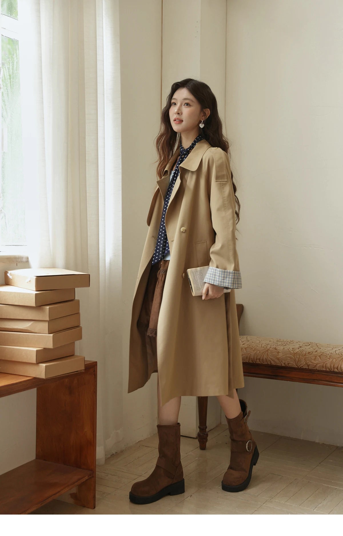 Mishow Khaki Retro Plaid Flip Sleeve Trench Coat MXE44W0814