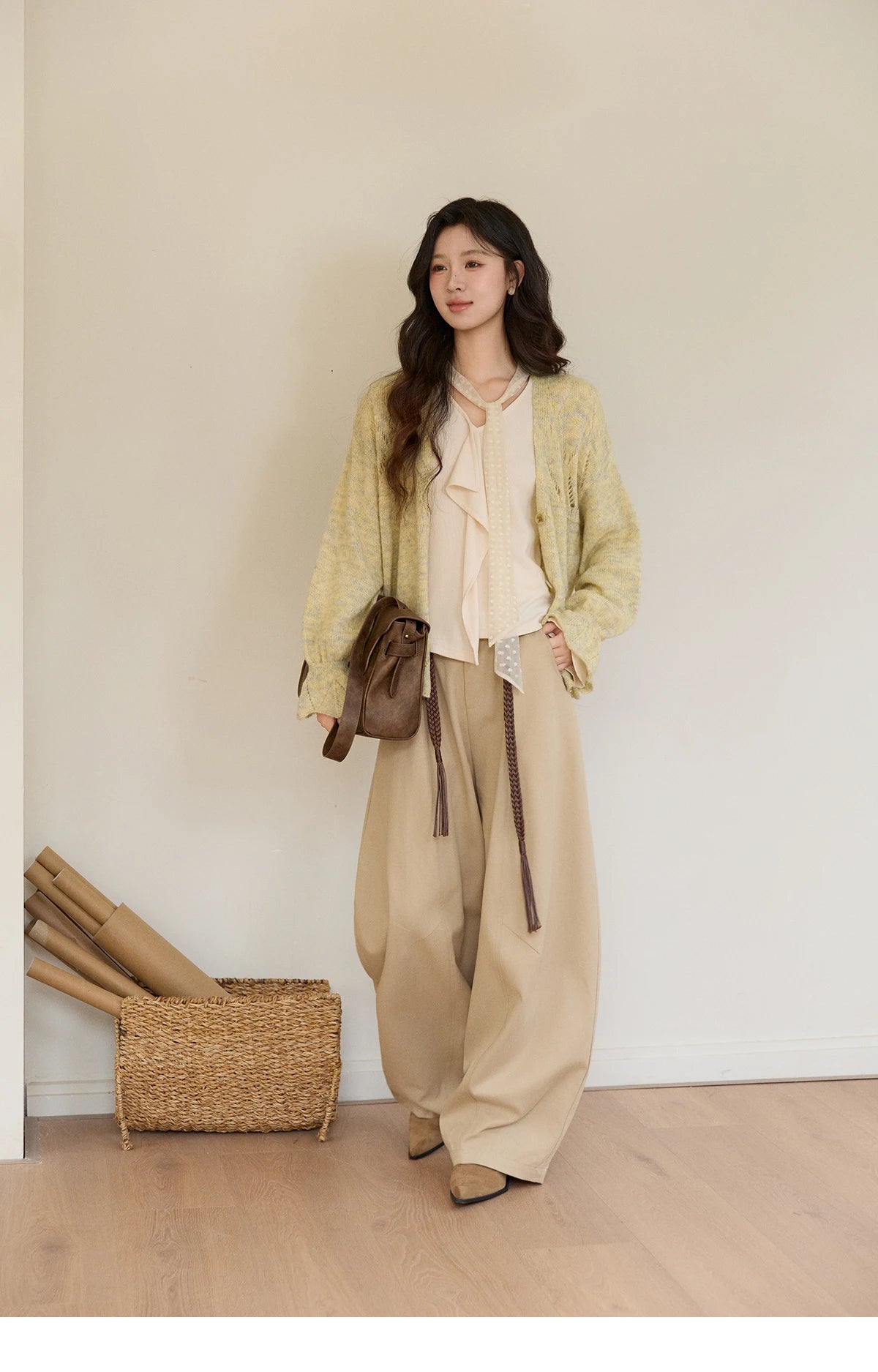MISHOW Khaki Wide Leg Pants High Waist Belted Rear Pocket MXF13K1237